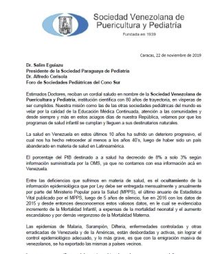 Carta de la Sociedad Venezolana de Puericultura y Pediatría.