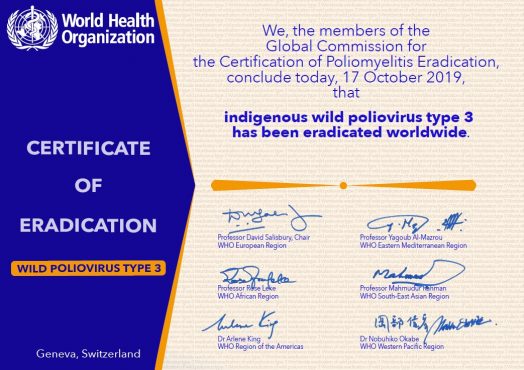 Certificate of Eradication – Wild Poliovirus Type 3