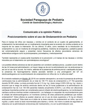 Comunicado a la opinión Pública Posicionamiento sobre el uso de Ondansentrón en Pediatría