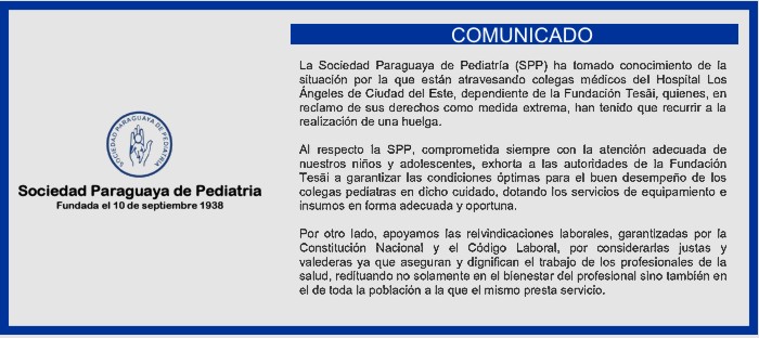 Comunicado sobre los médicos hospital Los Ángeles Ciudad del Este.