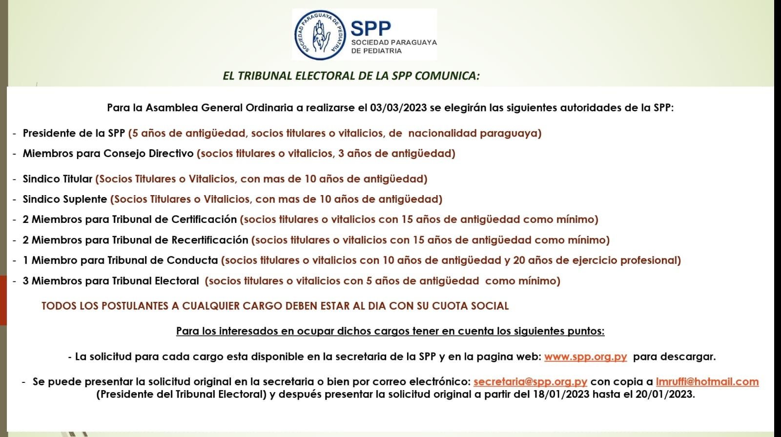 El tribunal Electoral de la SPP Comunica: