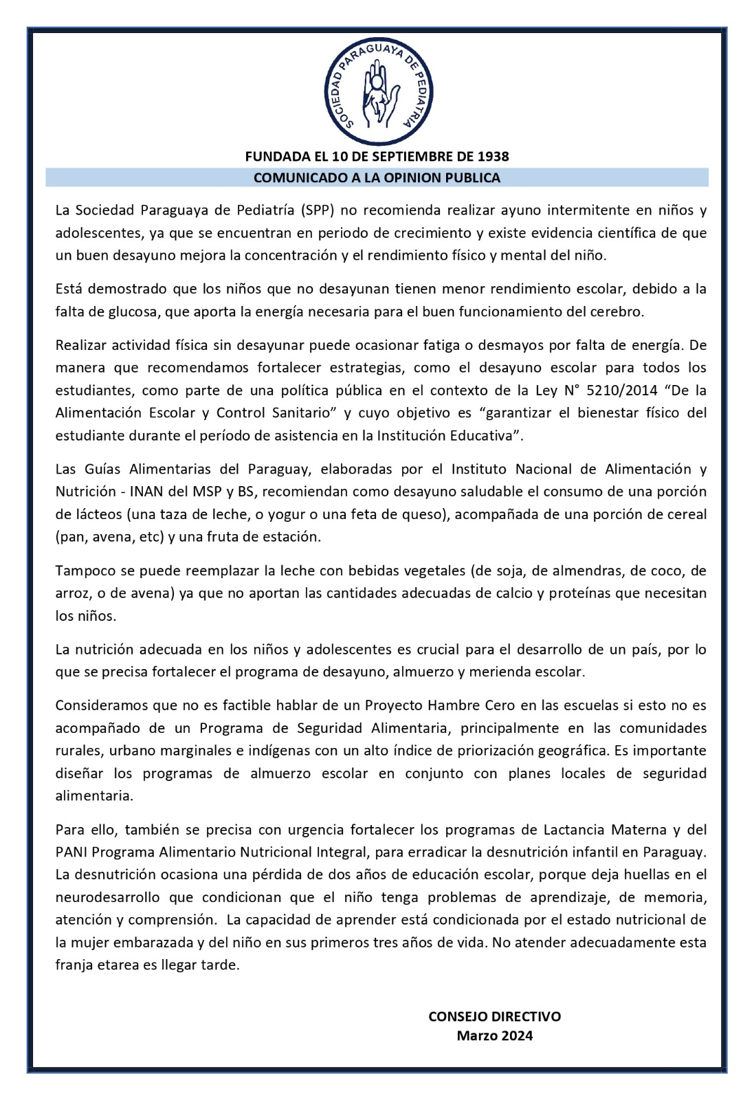 Comunicado a la opinión publica sobre ayuno intermitente en niños y adolescentes.