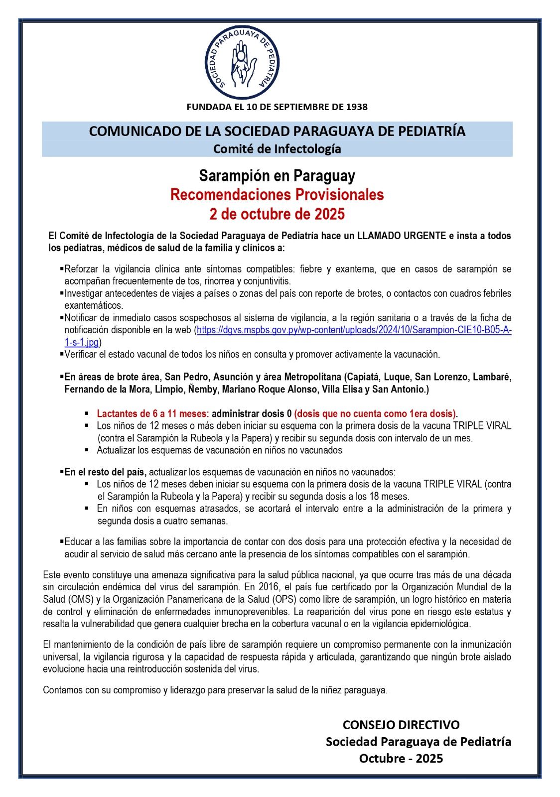 Comunicado de la SPP Sarampión