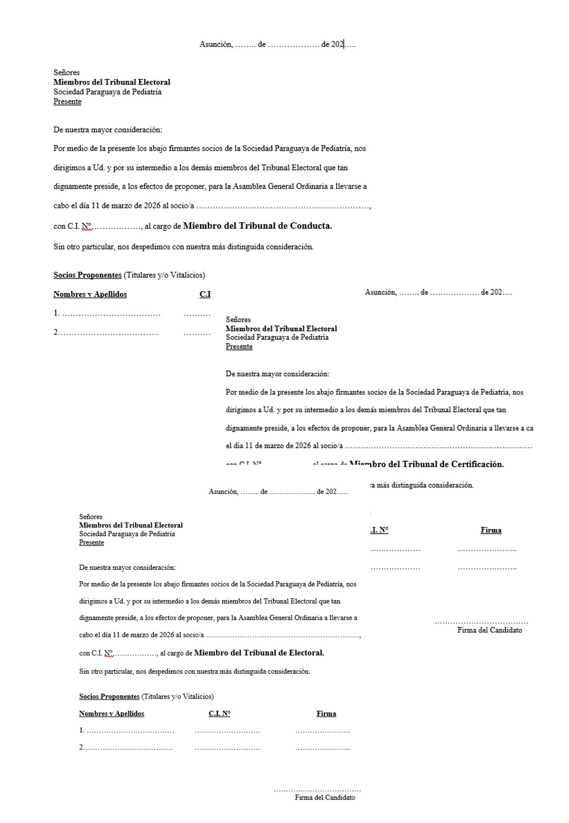 Formularios para Candidatos Asamblea General Ordinaria 2026